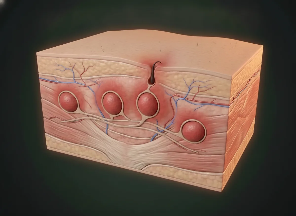 Ilustração anatômica — Hidradenite supurativa (perianal)